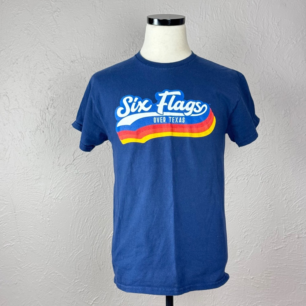 Vintage Men Small late 90s early 2000s Six Flags over Texas Navy T-shirt